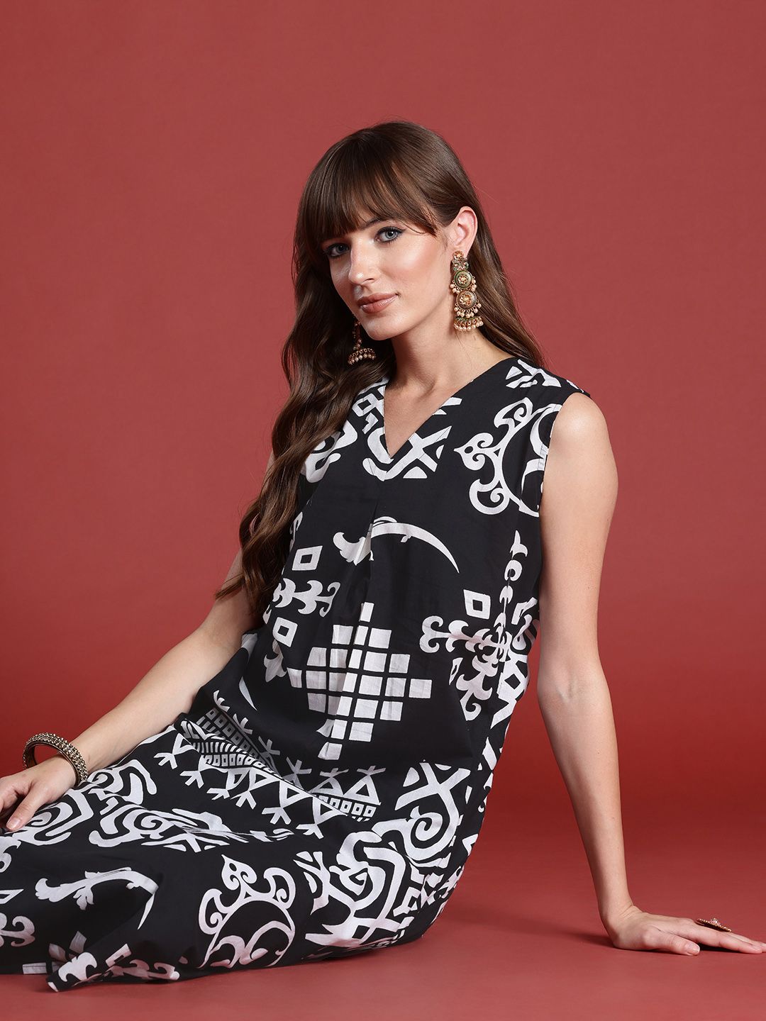 Indo Era Ethnic Motifs Printed Pleated Pure Cotton Kurta with Trousers