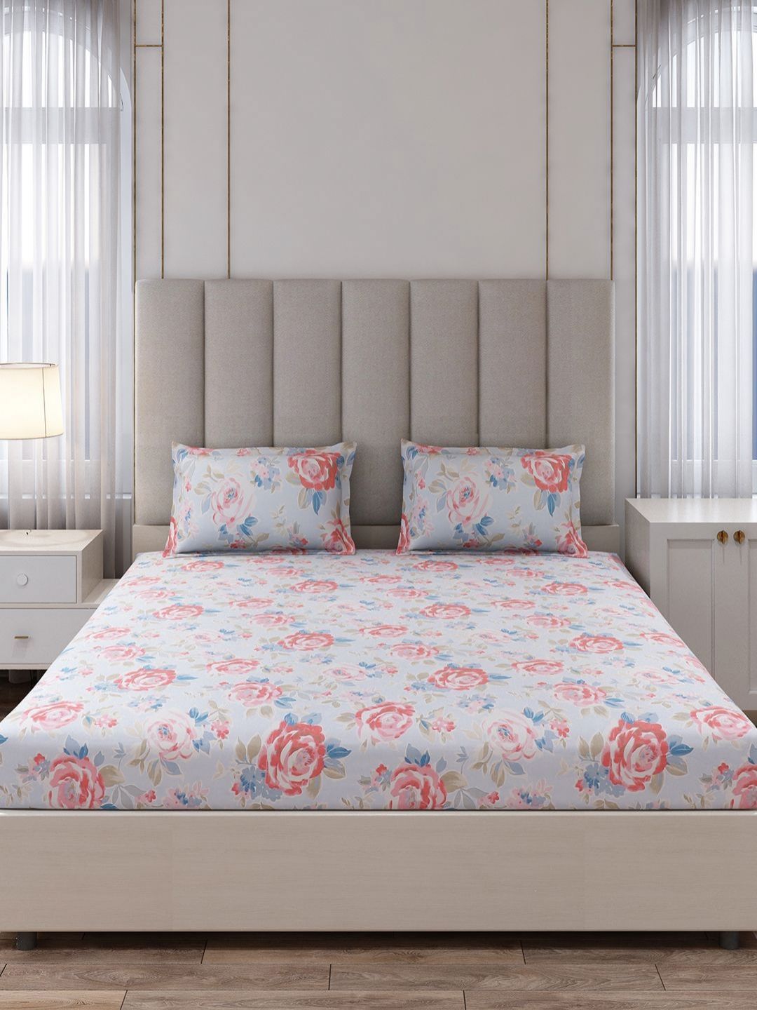 Monte Carlo Blue & Pink Floral Printed 130 TC King Bedsheet Set 2.75 m x 2.75 m