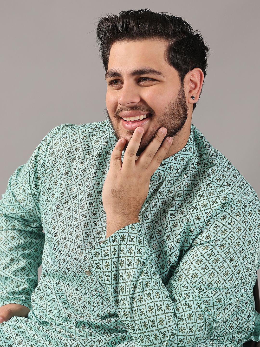 SOJANYA PLUS Plus Size Lelaki Motif Etnik Bercetak Cotton Linen Kurta Lurus Dengan Piyama