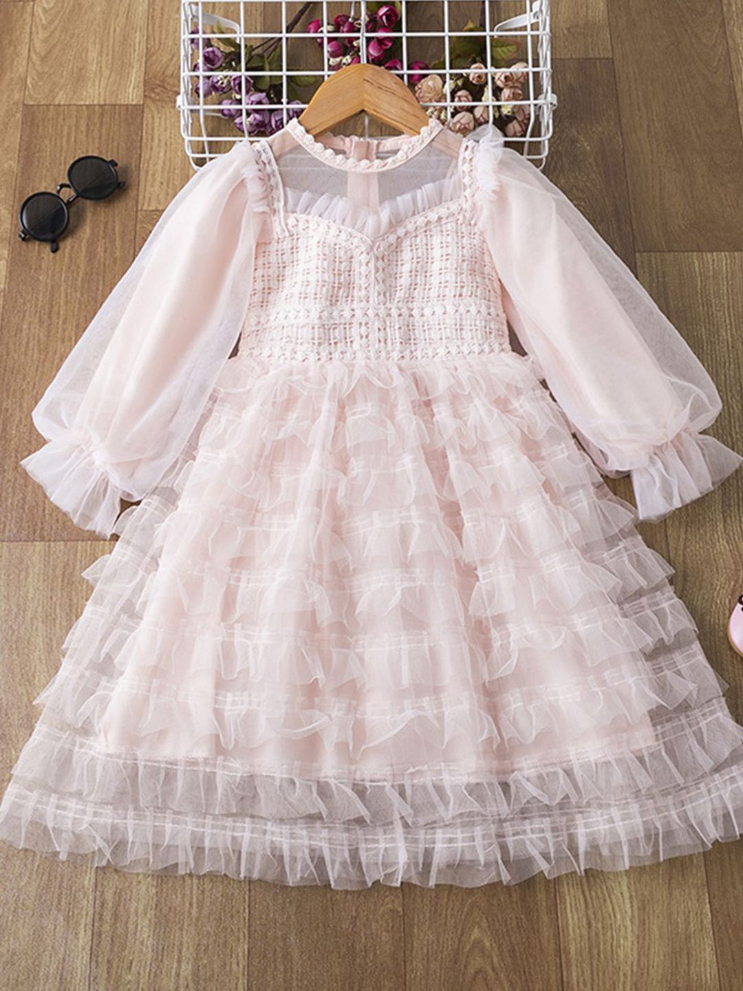 YK Girls Solid Puff Sleeve Fit & Flare Dress