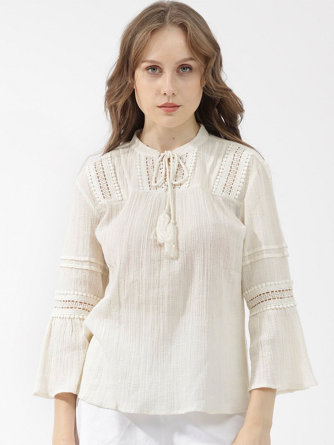 Rareism Striped Tie-Up Neck Bell Lengan Kapas Atas