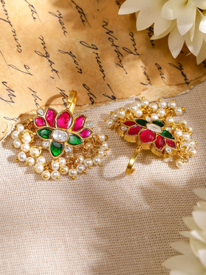Rubans 22K Gold-Plated Ruby, Emerald & White Kundan Lotus Design Ear Cuff