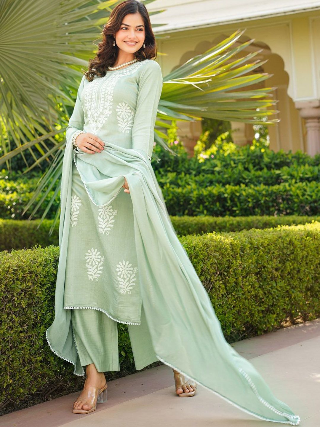 KALINI Floral Embroidered Thread Work Straight Kurta With Palazzos And Dupatta