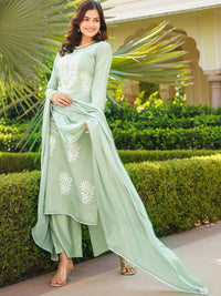 KALINI Floral Embroidered Thread Work Straight Kurta With Palazzos And Dupatta