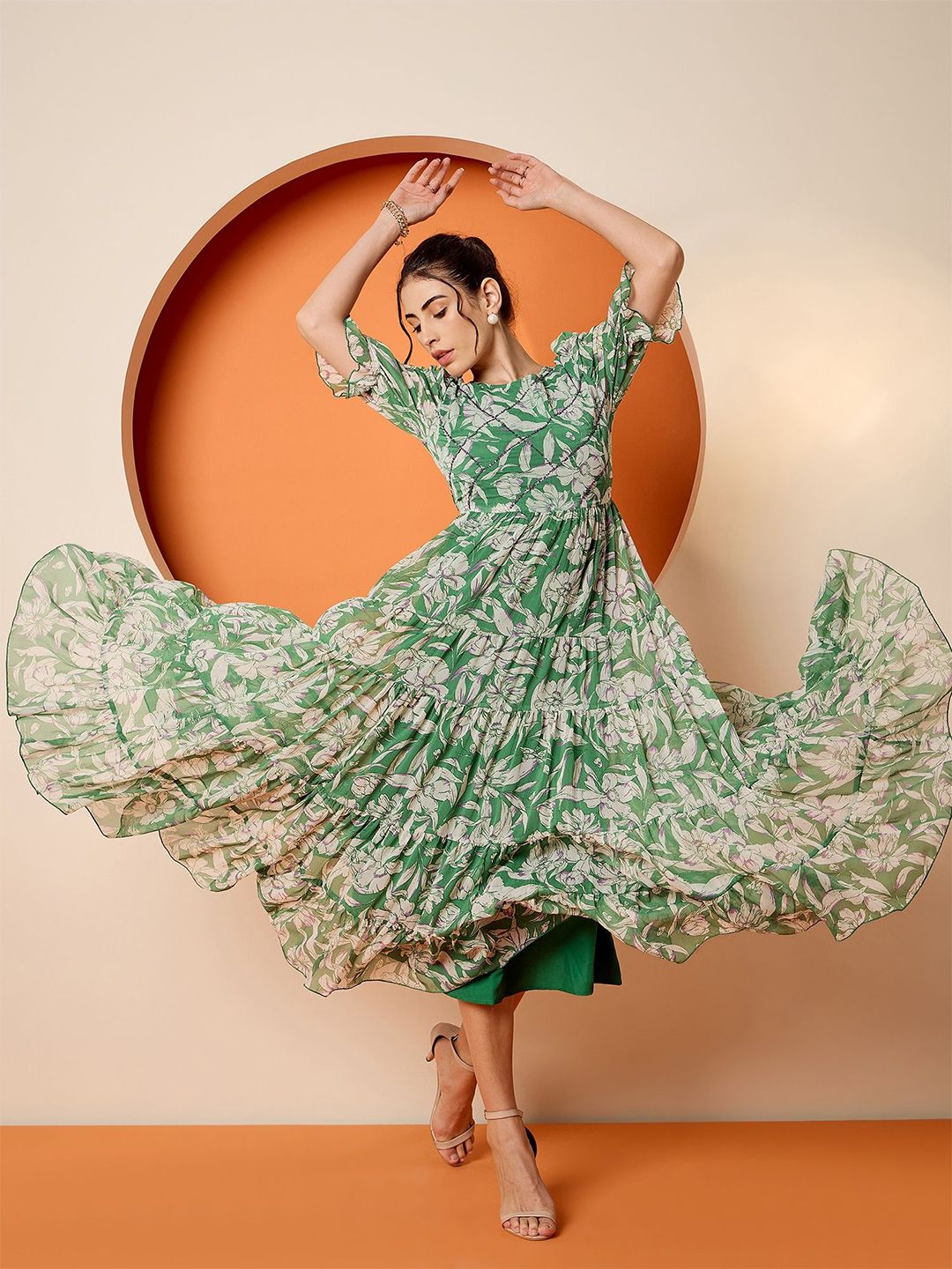 Antheaa Women Tropical Embellished Flutter Sleeve Chiffon Fit & Flare Dress