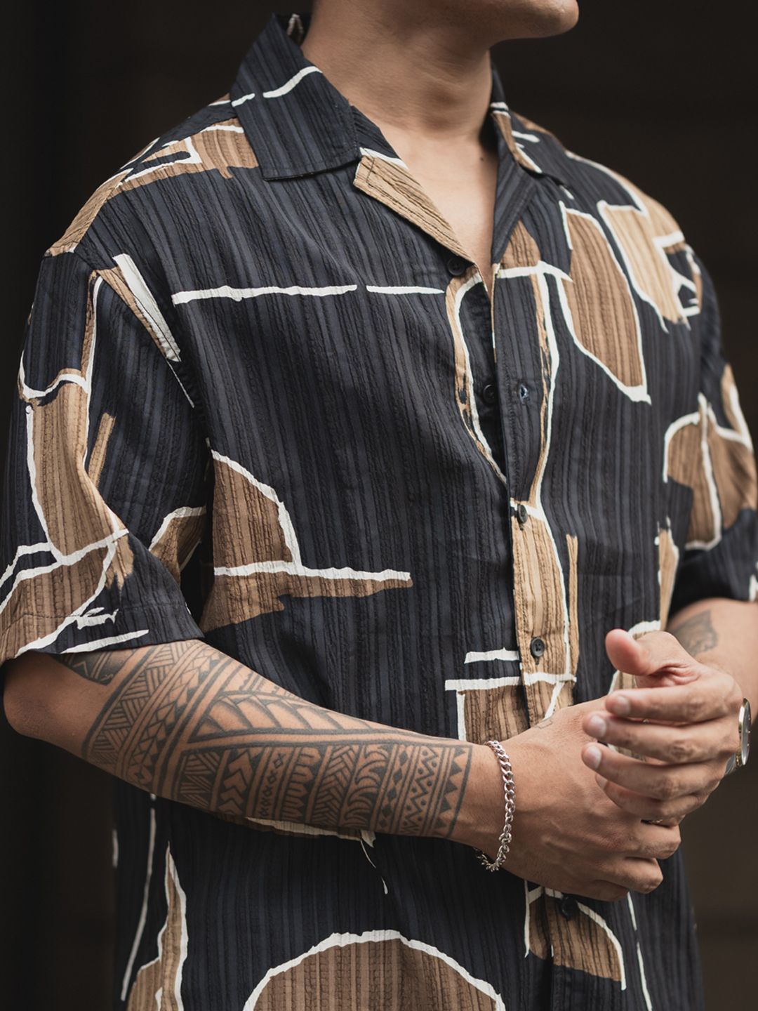 Powerlook Men Cuban Collar Abstract Printed Oversized Casual Shirt