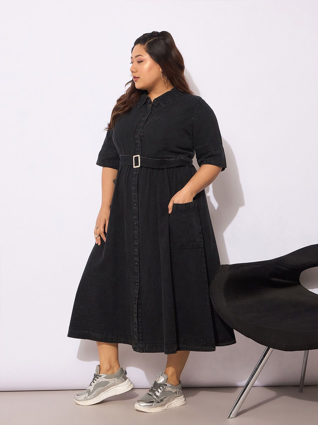 Sassafras Curve Women Shirt Collar Lengan Pendek Baju Midi Pakaian
