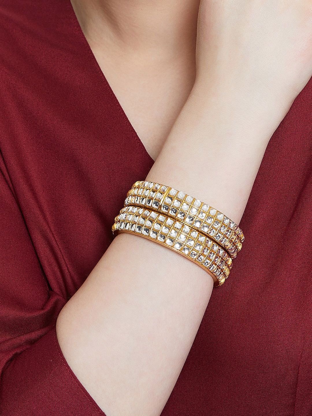 PANASH Set of 2 Gold-Plated Kundan Stone Studded Bangles