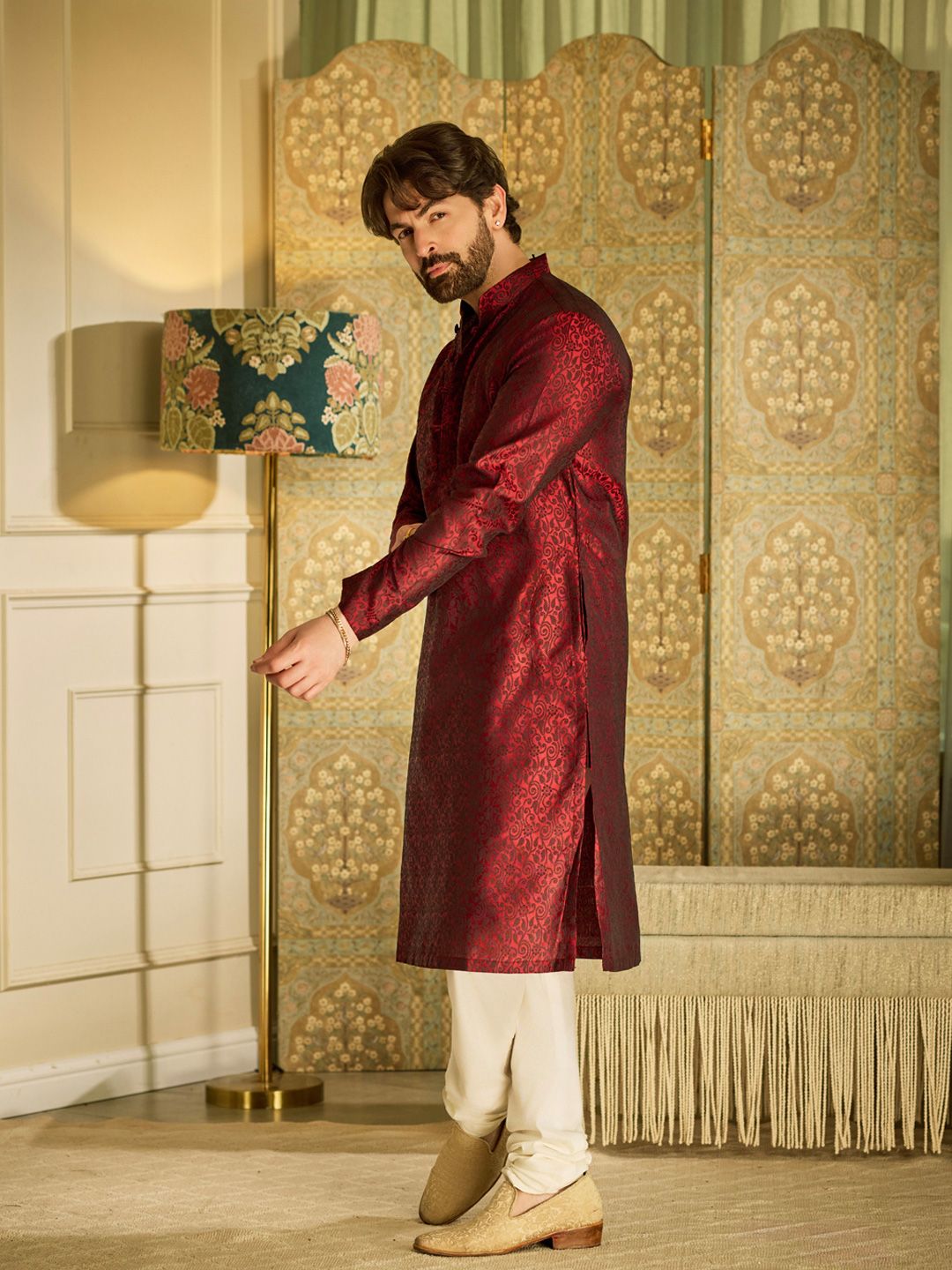 SOJANYA Floral Woven Design Mandarin Collar Straight Kurta With Churidar