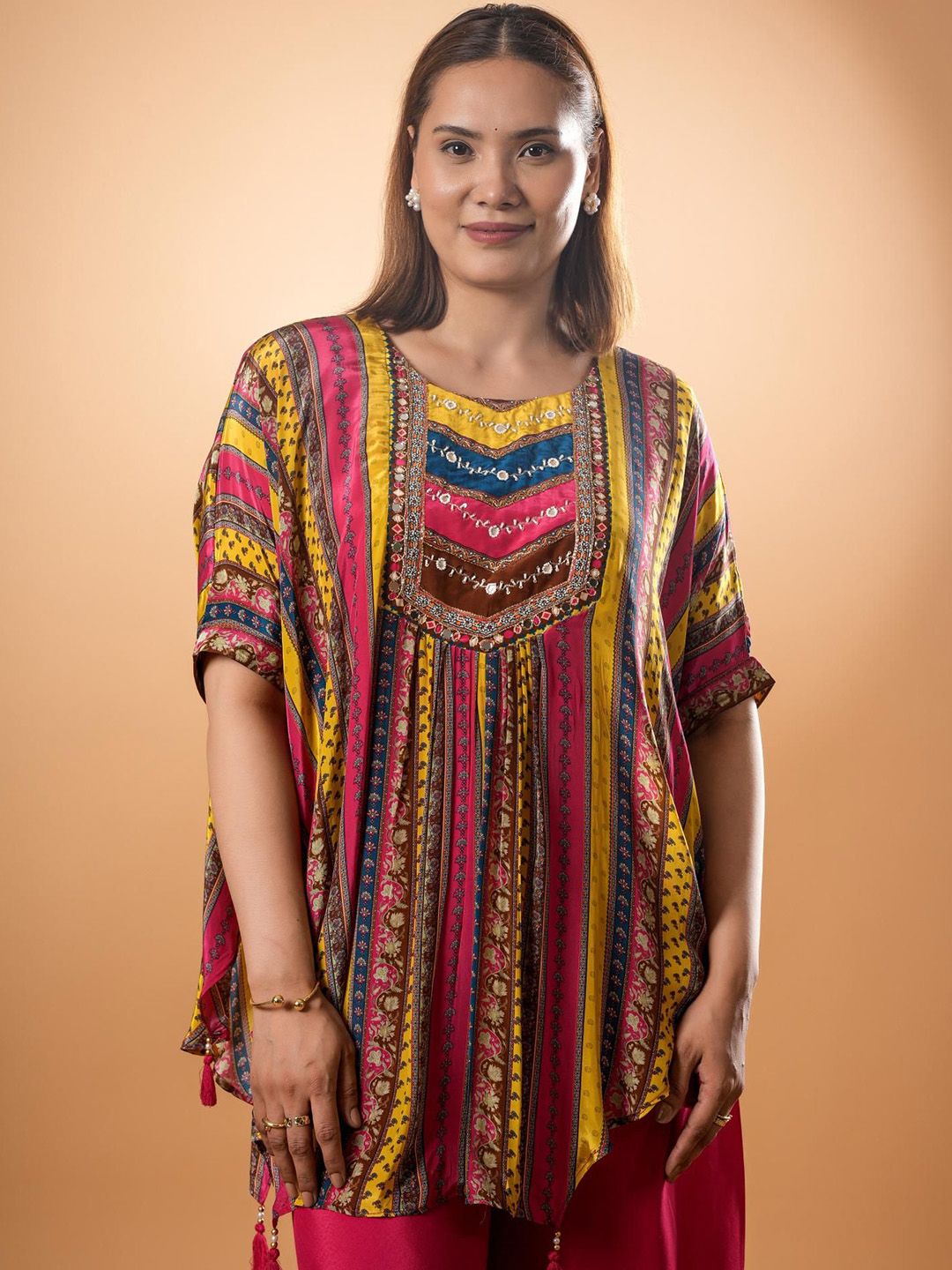 Tunik V-Neck Kapas Tulen Bercetak Mamicha Dengan Palazzo Co-Ords