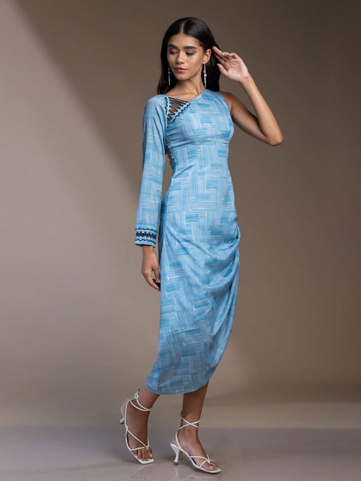 Mamicha Print Satu Bahu Pakaian Midi Fit & Flare Crepe