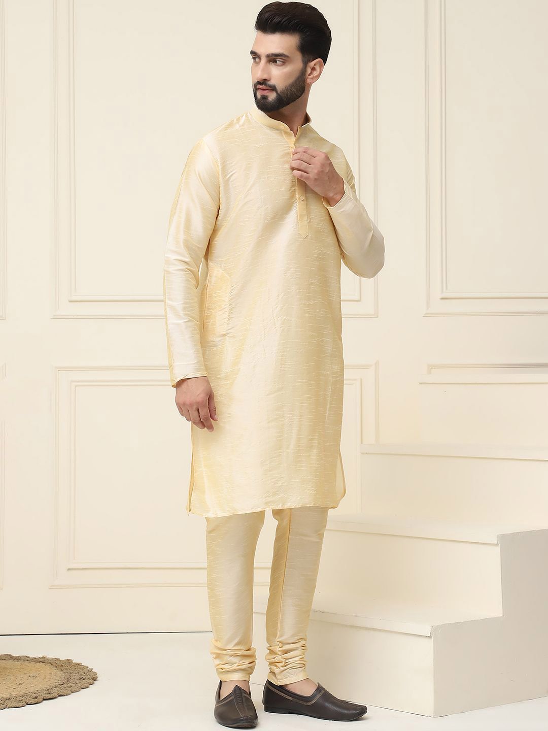 SOJANYA Mandarin Collar Dupion Silk Straight Kurta with Churidar