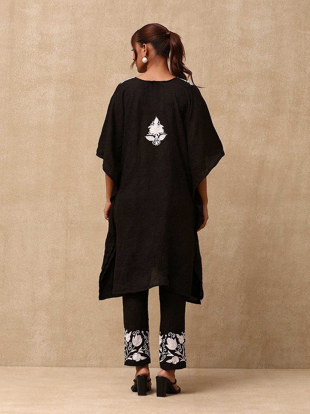 House of Chikankari Women Black Cotton Aari Embroidered Kaftan Set