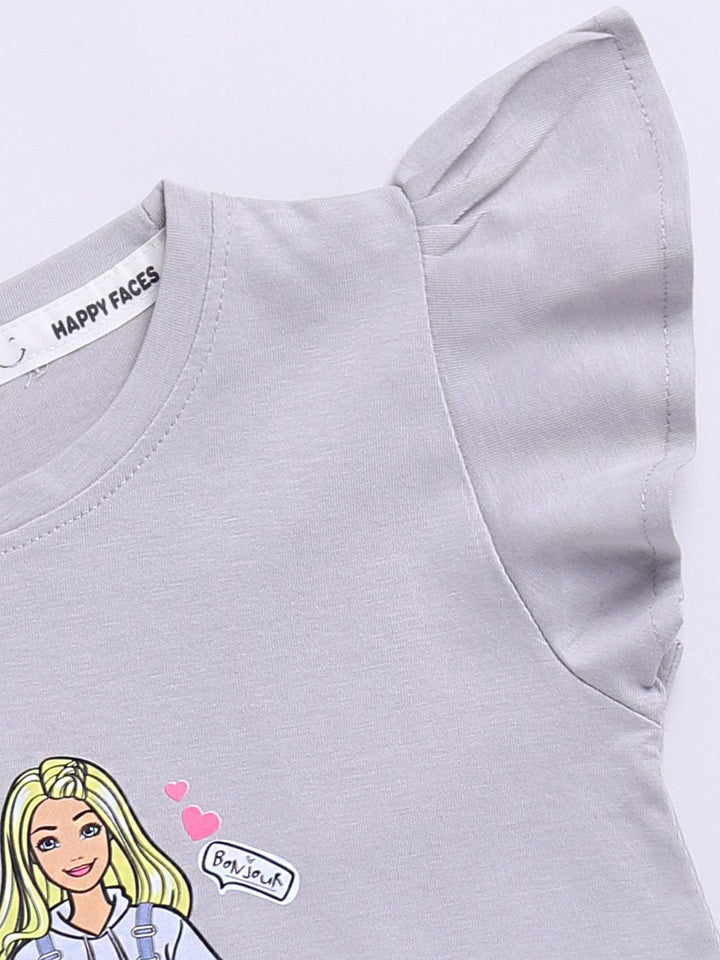 Happy Faces Kids Girls Barbie Printed Flutter Sleeve Pure Cotton Top