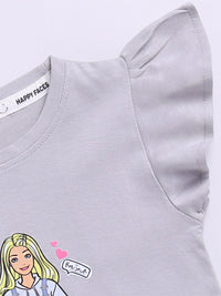 Happy Faces Kids Girls Barbie Printed Flutter Sleeve Pure Cotton Top