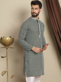 Anouk Motif Etnik Hitam Bersulam Kolar Mandarin Kurta Lurus Kapas Tulen