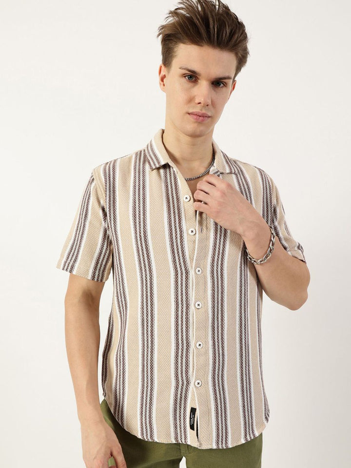 Thomas Scott Men Premium Spread Collar Vertical Striped Cotton Oversized Casual Shirt
