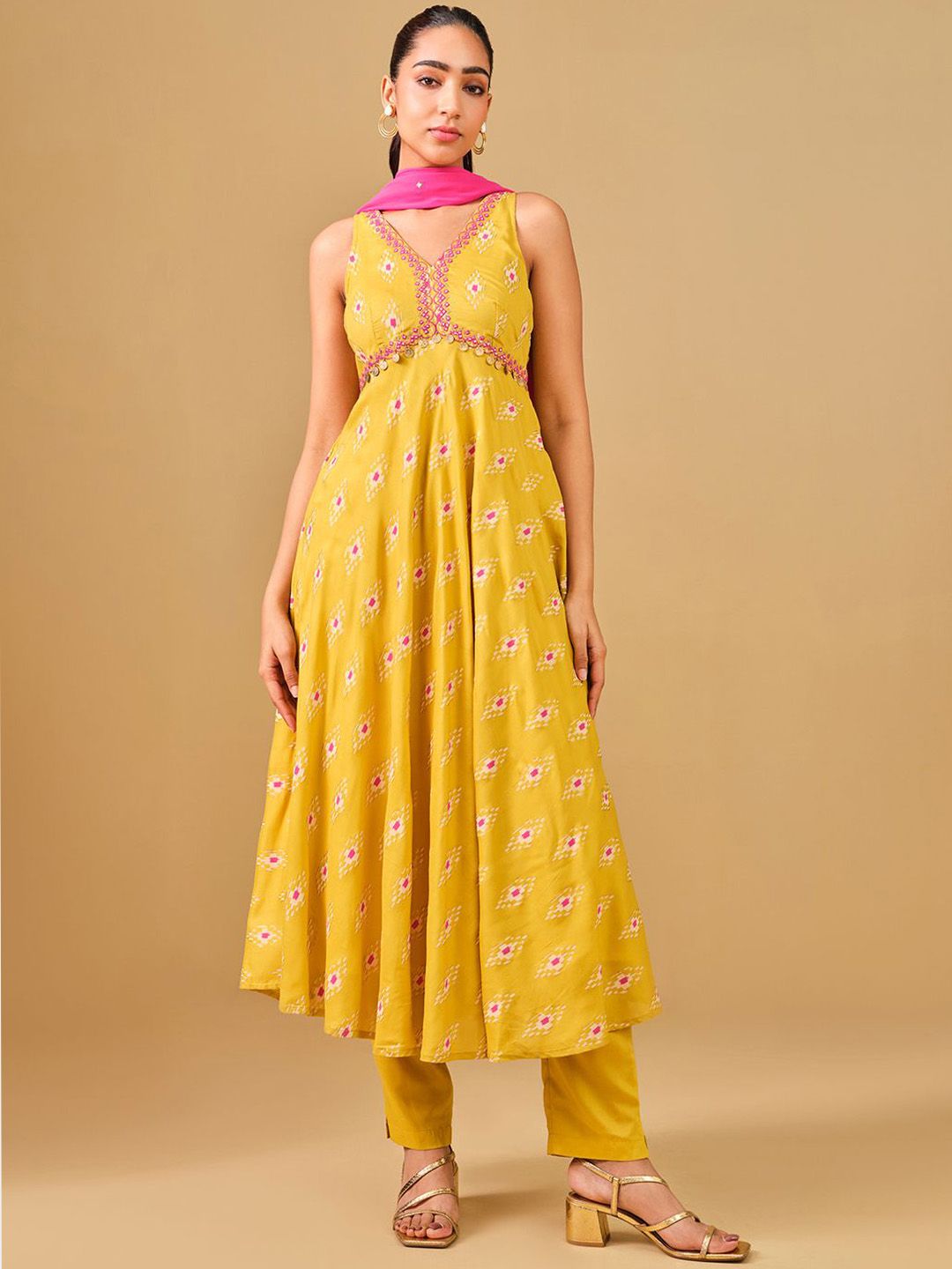 Global Desi Ethnic Motifs Printed Mirror Work Anarkali Kurta with Trousers & Dupatta