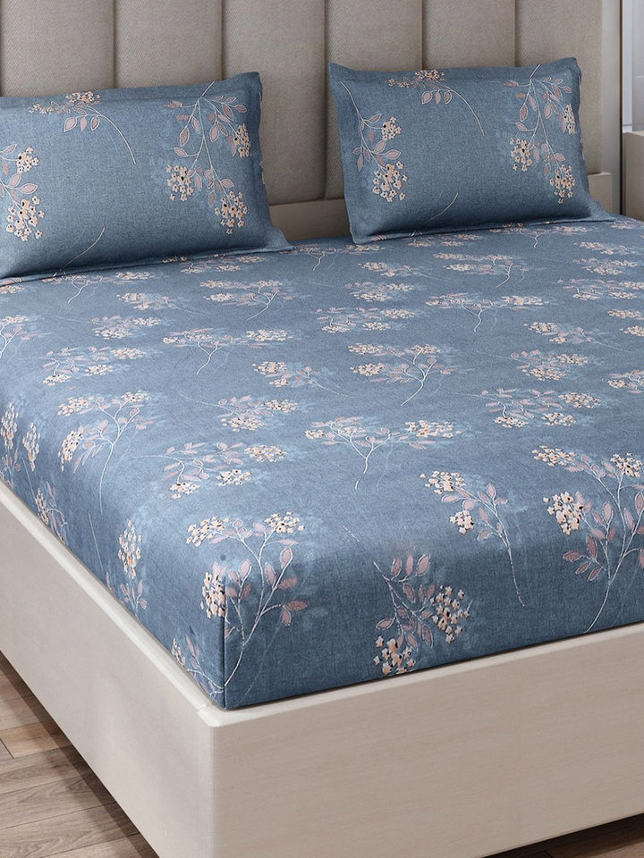 Monte Carlo Blue & Beige Floral Printed 130 TC King Bedsheet Set 2.75 m x 2.75 m