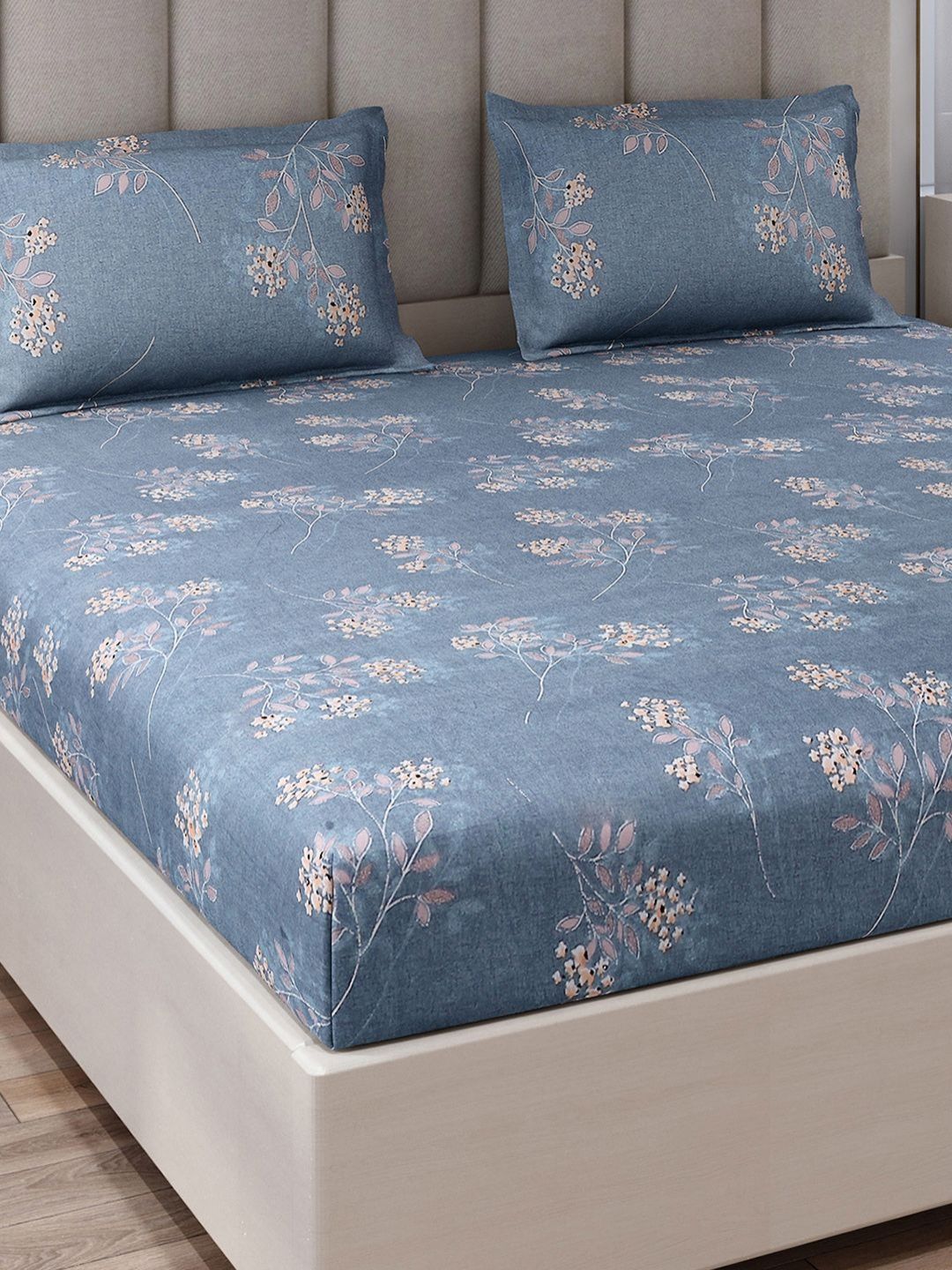 Monte Carlo Blue & Beige Floral Printed 130 TC King Bedsheet Set 2.75 m x 2.75 m