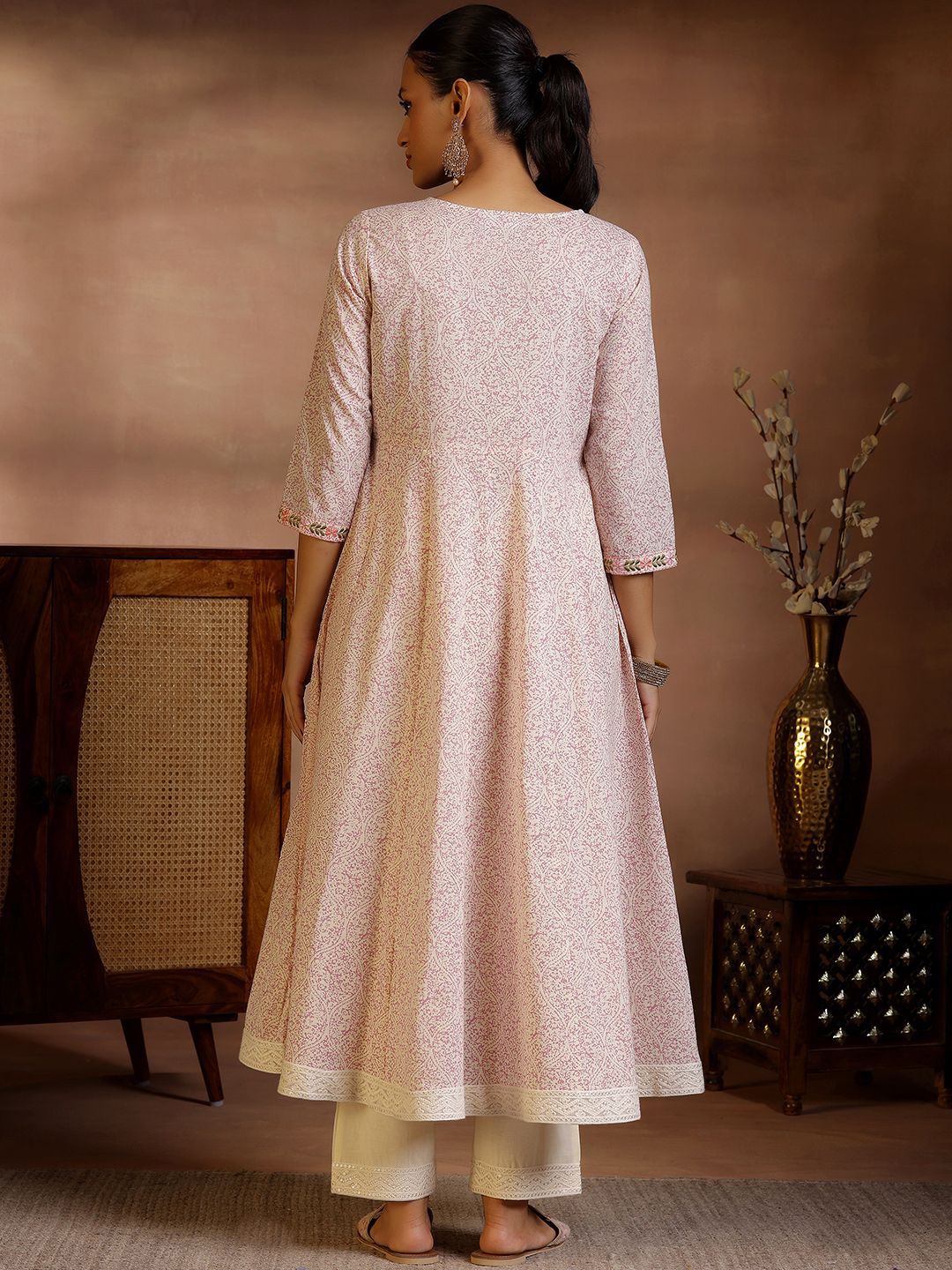 Libas Floral Printed Panelled Pure Cotton Anarkali Kurta with Trousers