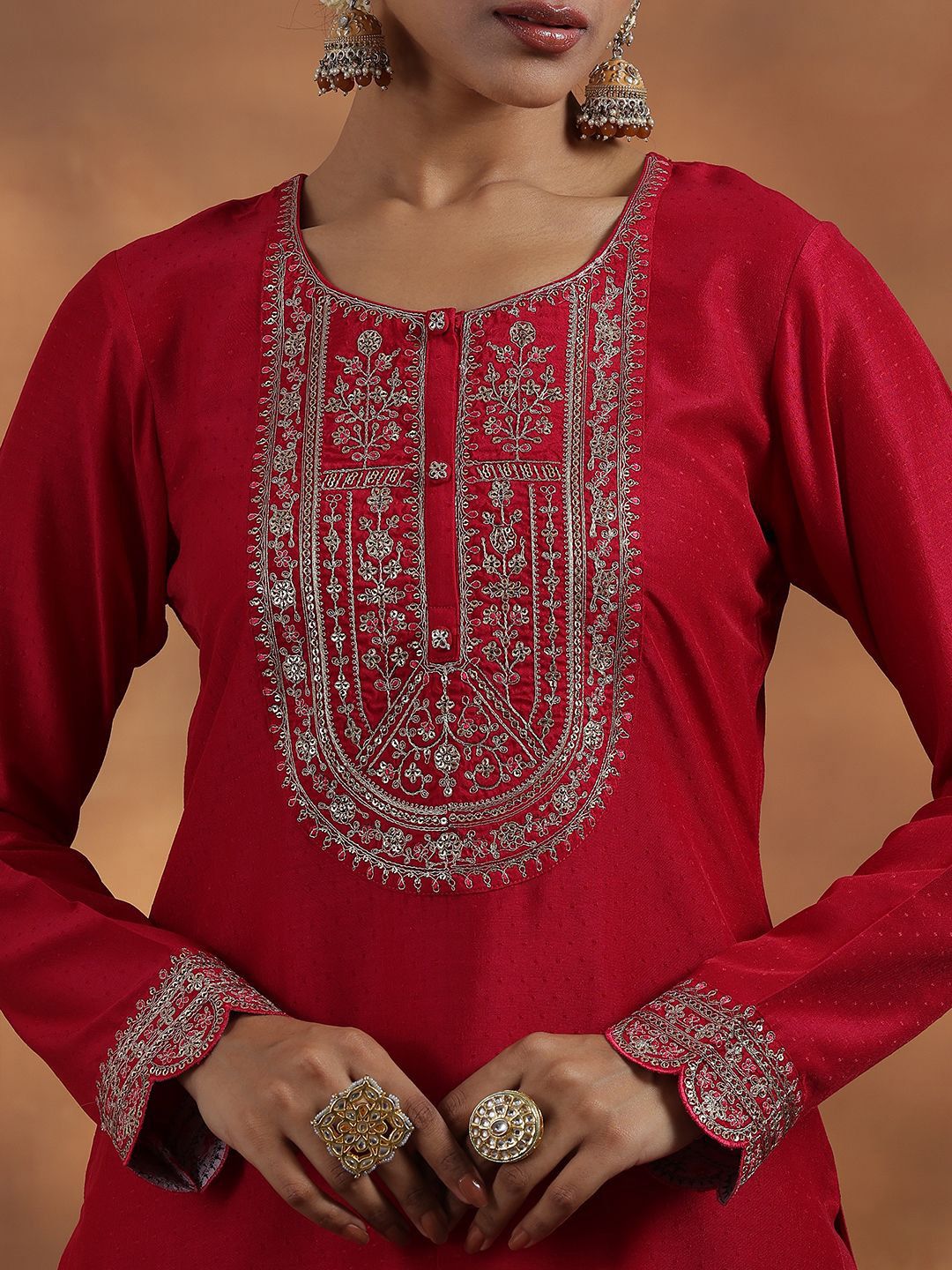 Libas Floral Embroidered Sequinned Dobby Weave Straight Kurta With Trousers & Dupatta