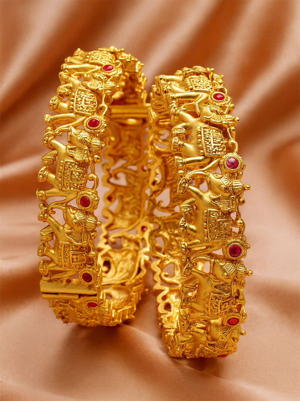 Karatcart Set 2 Gold-Plated & Pink Stones-Rajwadi Temple Bangles