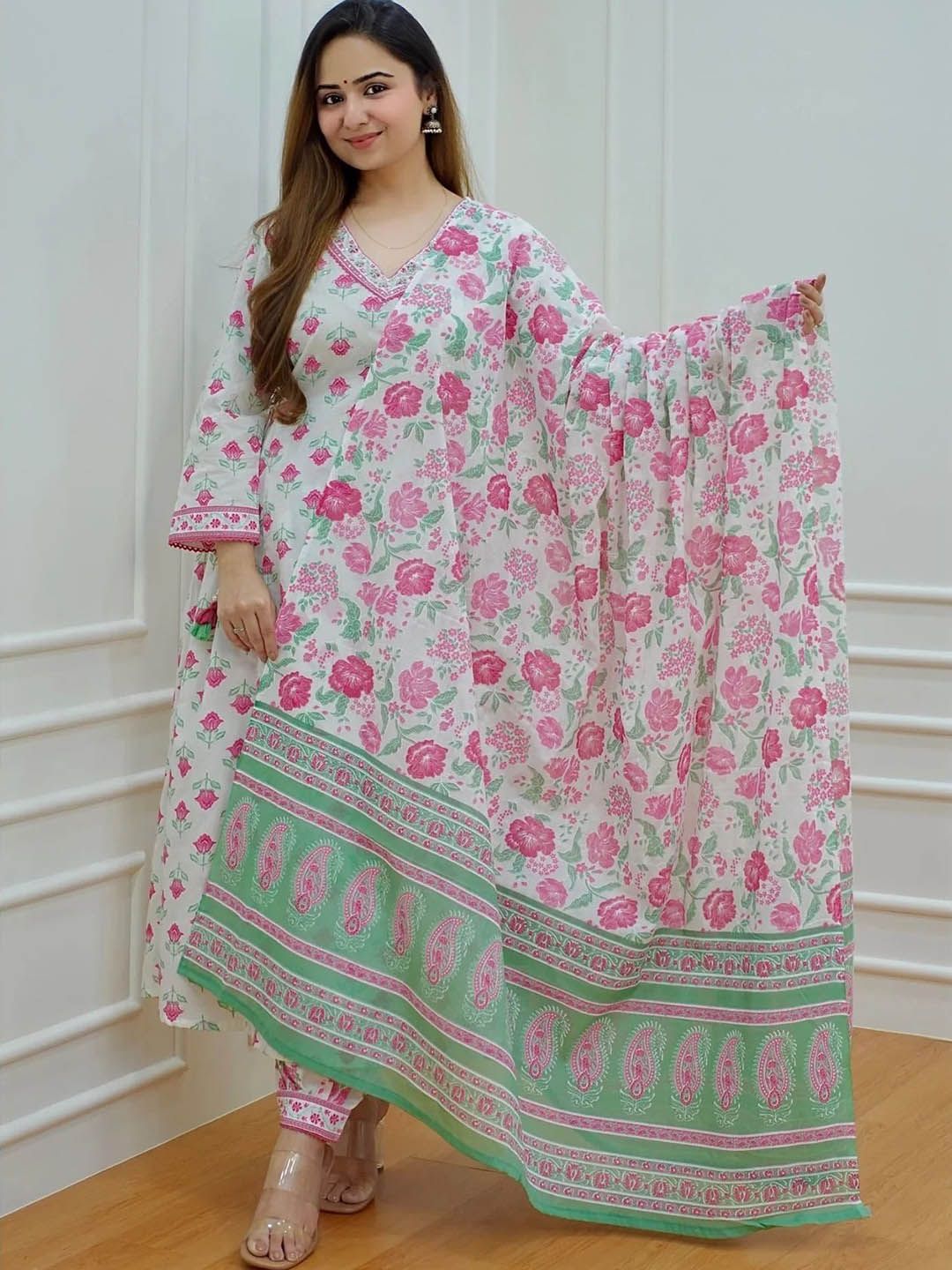 KALINI Floral Printed Waist Tie-Up A-Line Kurta with Trousers & Dupatta
