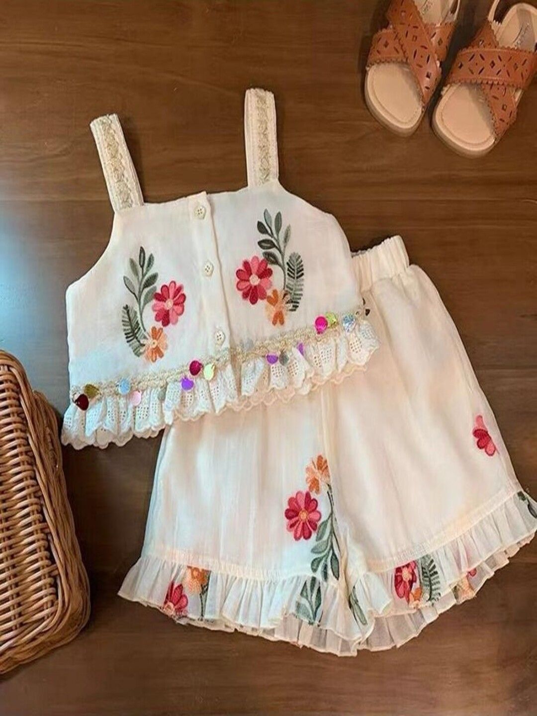 YK Girls Embroidered Pure Cotton Top & Shorts Clothing Set