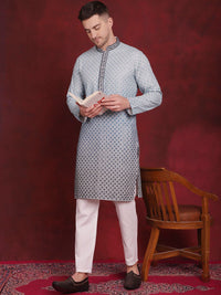 Jompers Geometric Embroidered Mandarin Collar Sequinned Kurta With Pyjamas