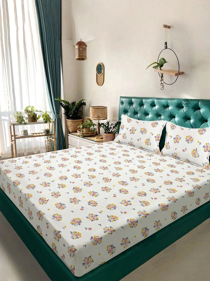 Myntra Elegant Homes Cream Floral 300 TC Cadar Katil Double King dengan 2 Sarung Bantal