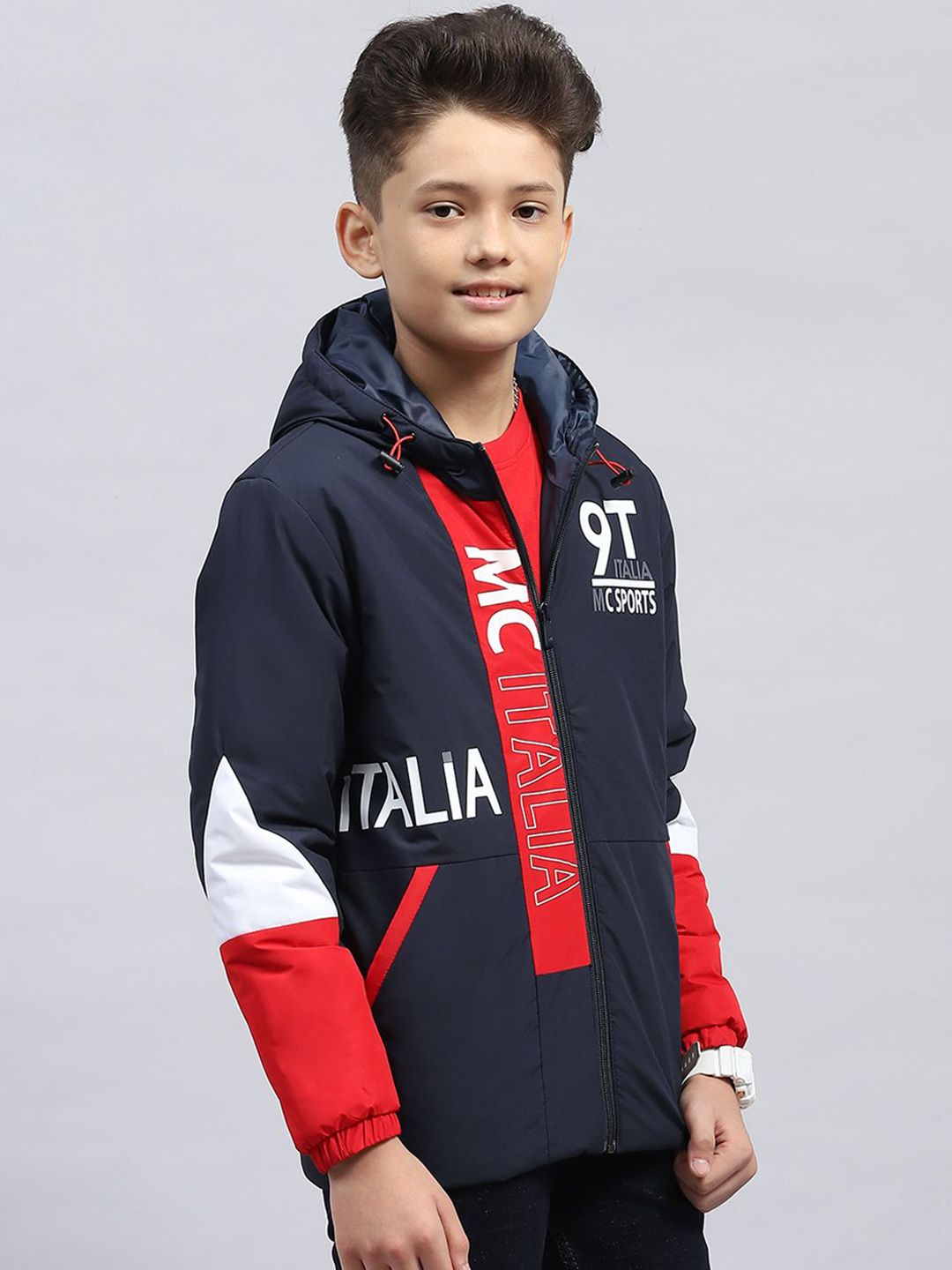 Monte Carlo Boys Hooded Typography Printed Casual Sporty Jacket