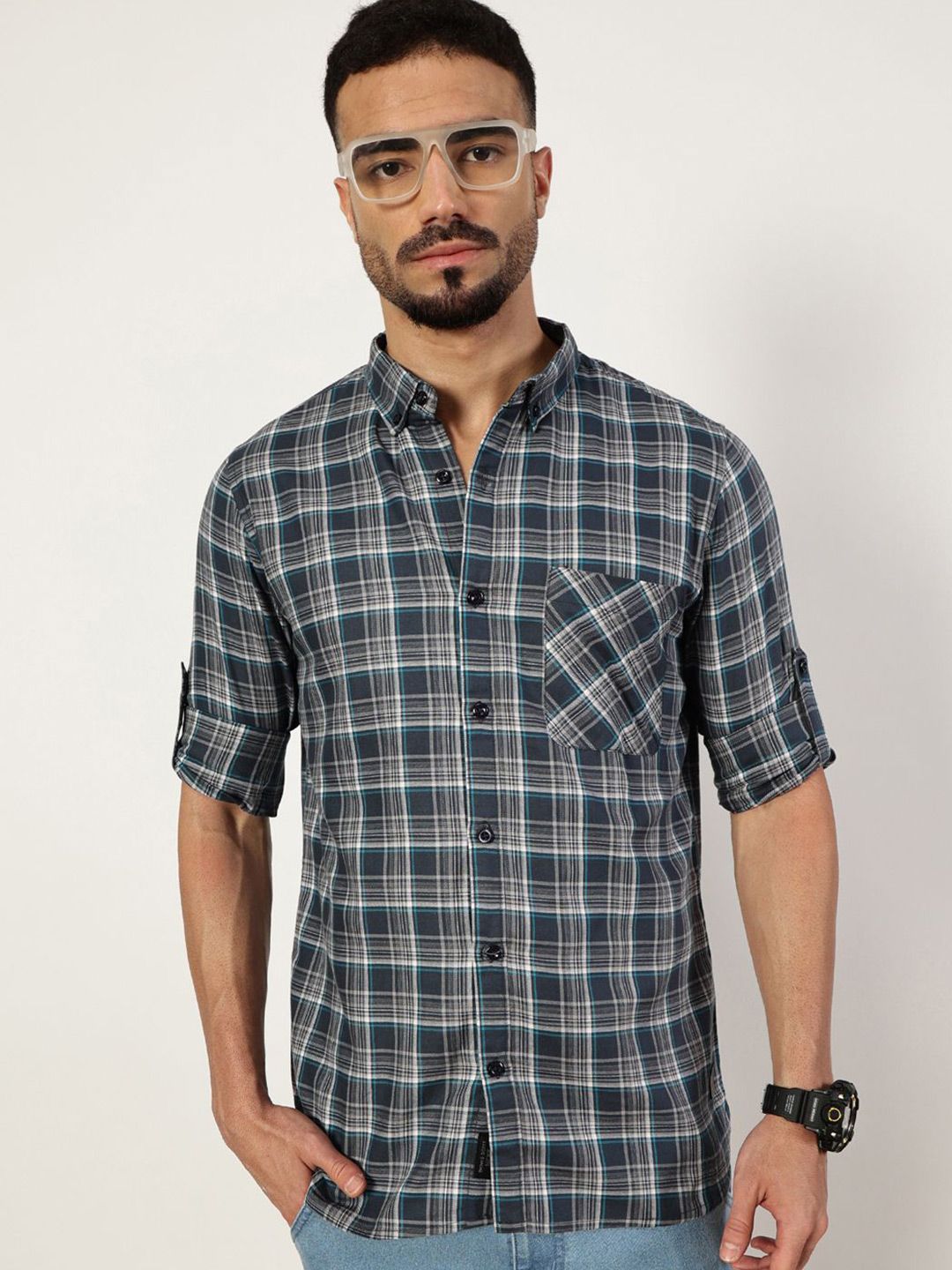 Thomas Scott Men Premium Spread Collar Checked Cotton Slim Fit Casual Shirt