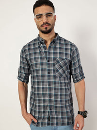 Thomas Scott Men Premium Spread Collar Checked Cotton Slim Fit Casual Shirt