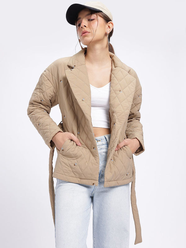 DressBerry Urban Luxe Notched Lapel Tie-Up Waist Quilted Jacket
