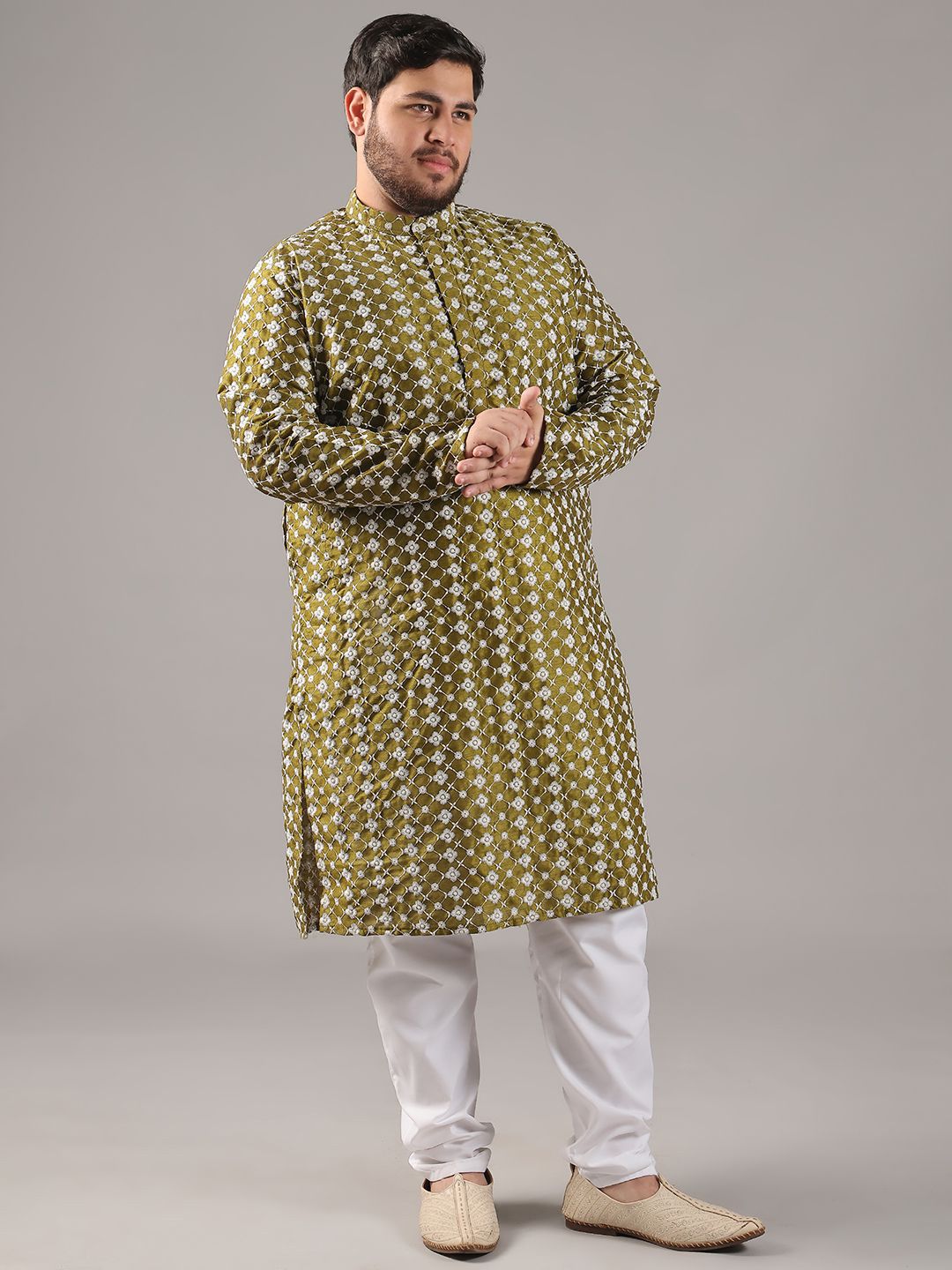 SOJANYA PLUS Plus Size Lelaki Kolar Jalur Sulam Bunga Kurta Lurus Dengan Piyama
