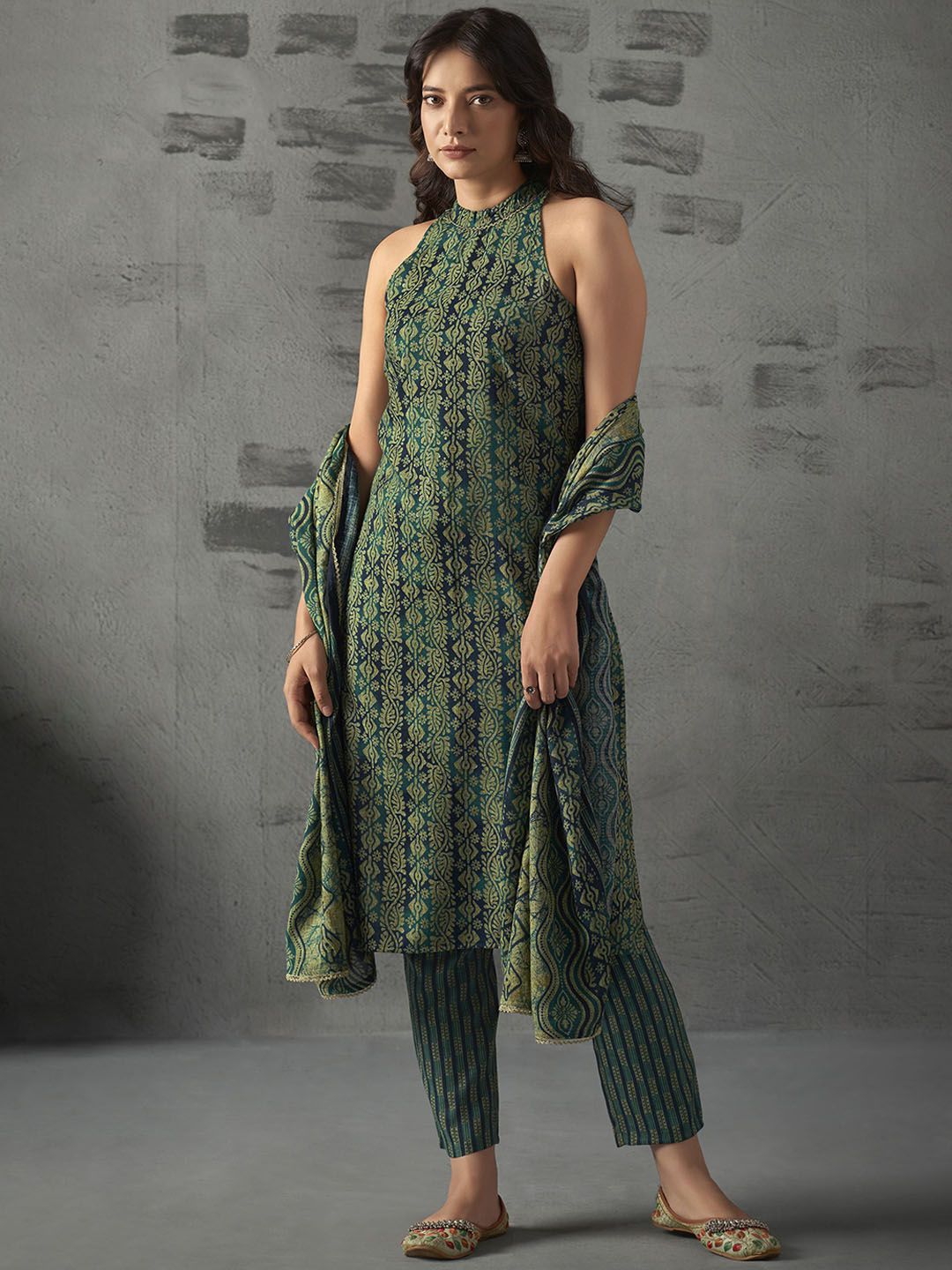 Anouk Blue Floral Printed Halter Neck Straight Kurta with Trousers & Dupatta
