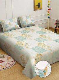 KLOTTHE Green Geometric Printed Fitted 400 TC King 7D Bedsheet with 2 Pillow Covers