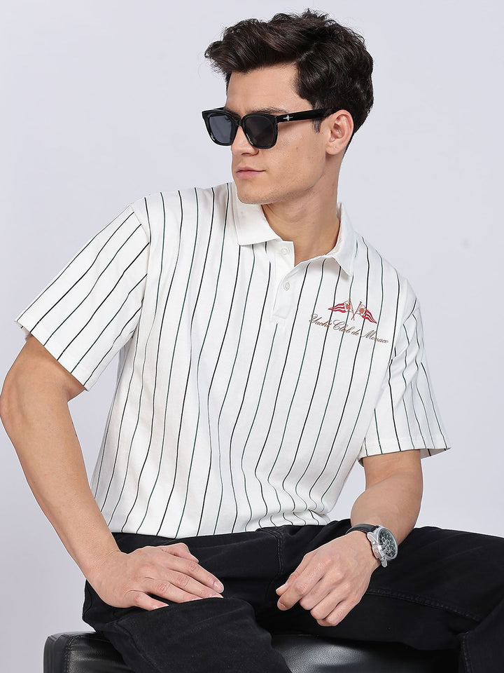 Eszett Greek Yacht White Polo Striped Cotton Collar Drop-Shoulder Sleeves Oversized Fit T-shirt