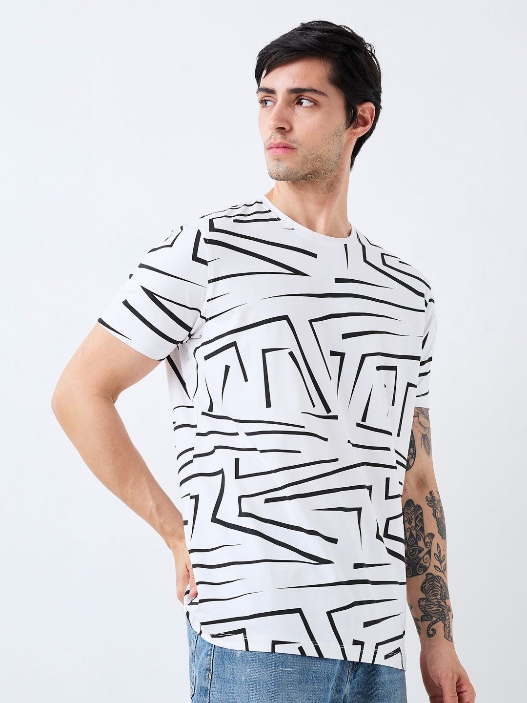 SPYKAR Men Abstract Printed Round Neck Cotton Slim Fit T-shirt