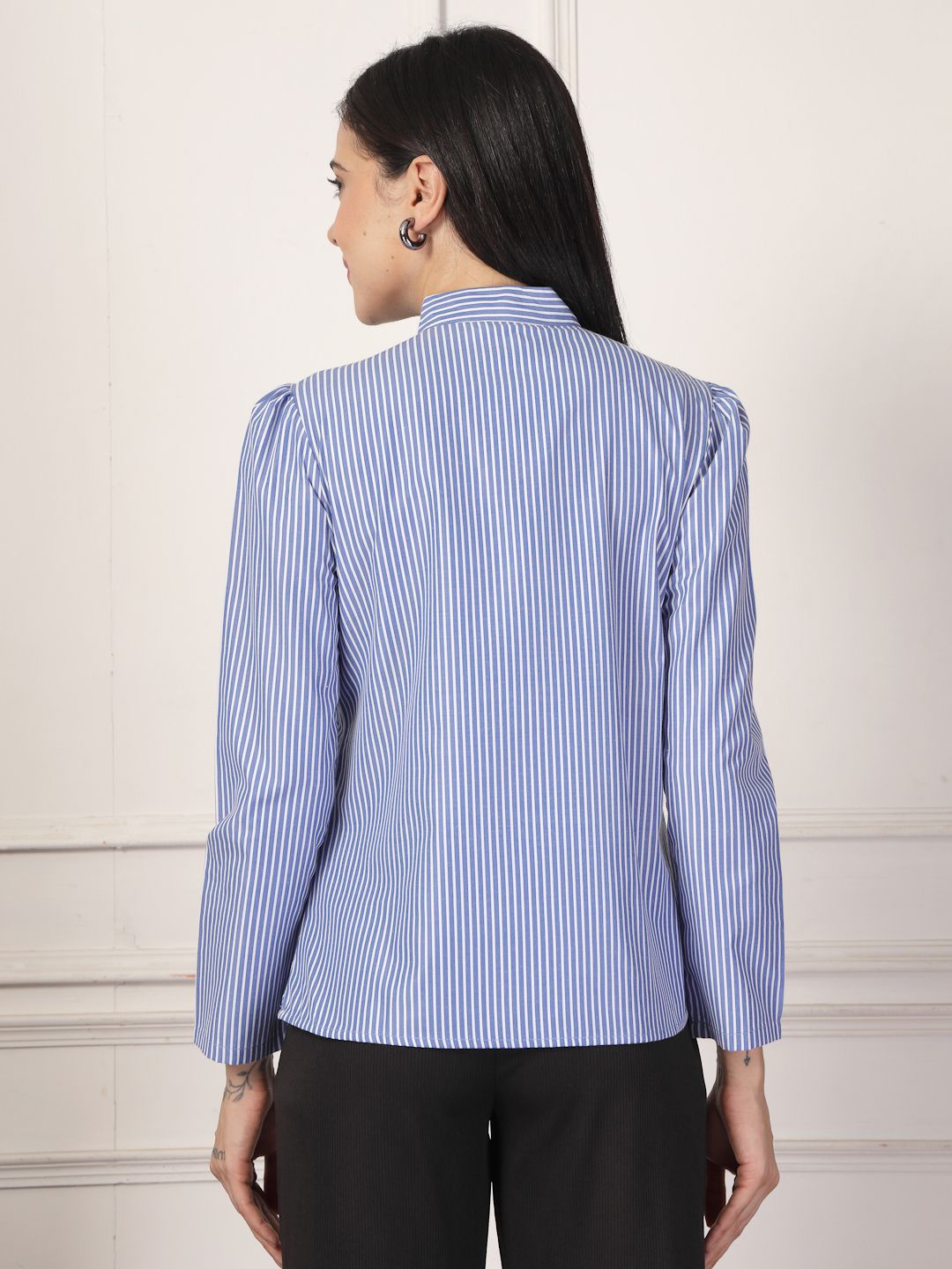 Style Quotient Striped Tie-Up Neck Puff Sleeve Top