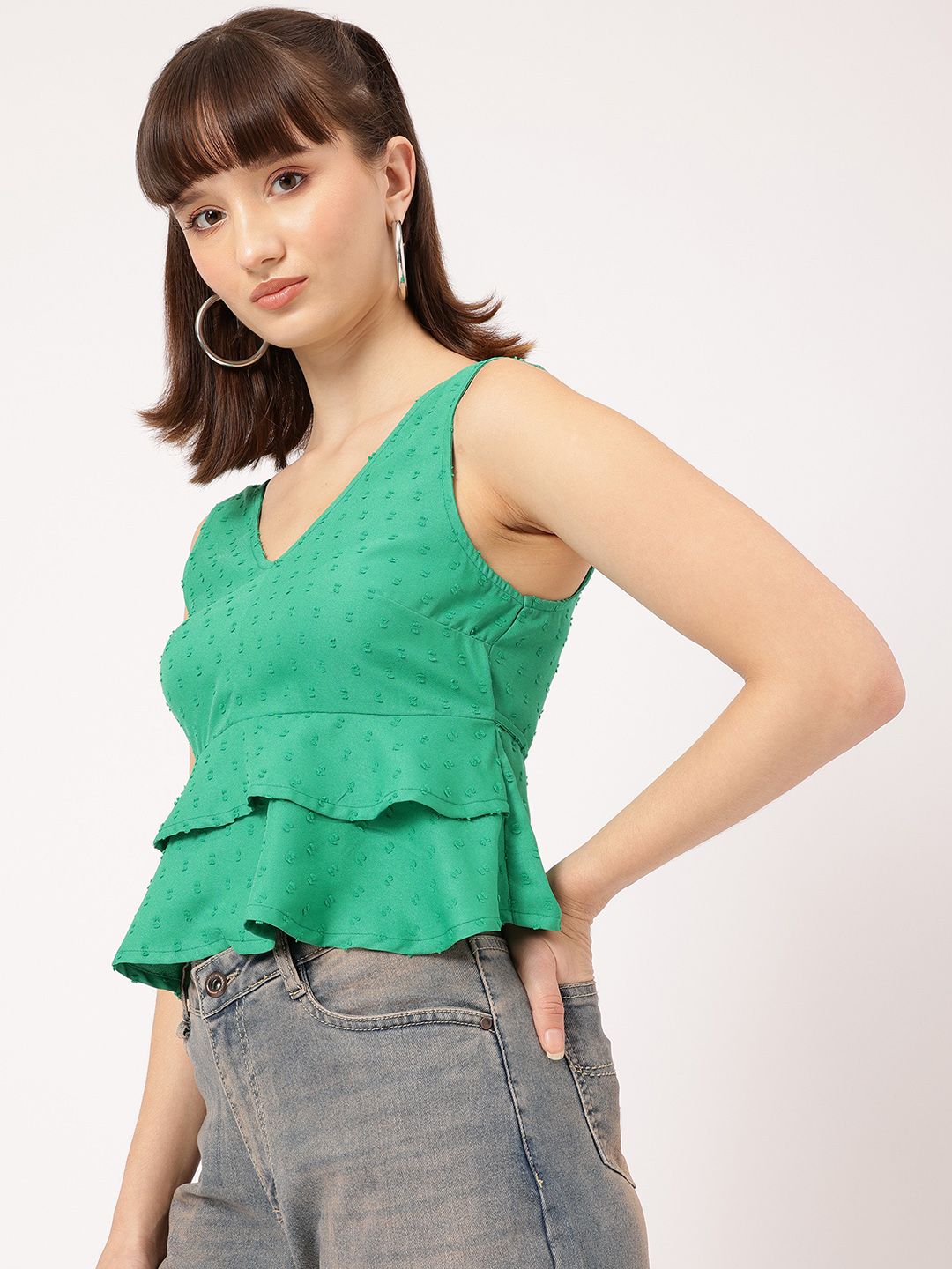 DressBerry Fusion Flair Dobby Detail V-Neck Ruffles Sleeveless Top
