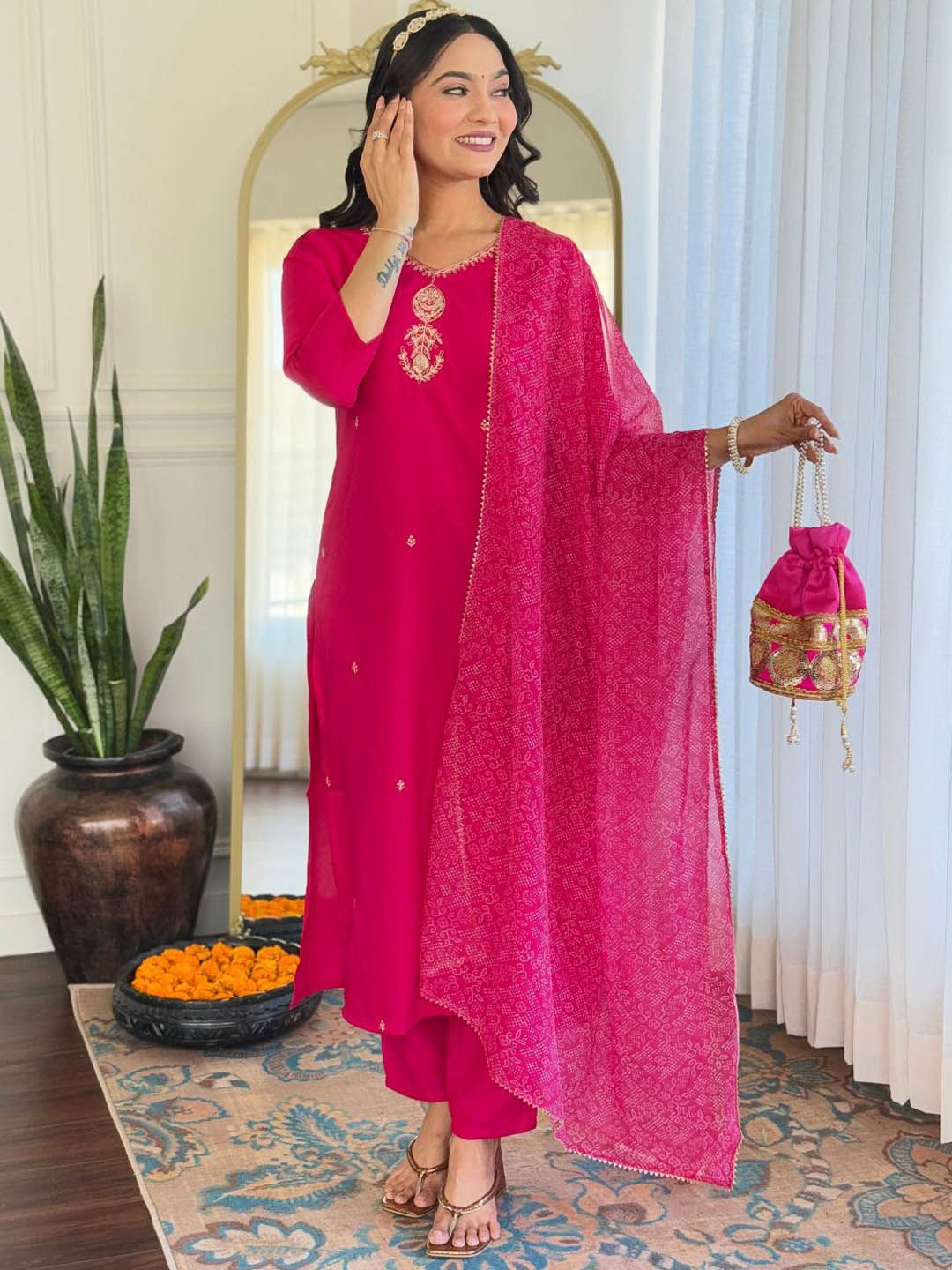 KALINI Zari V-Neck Straight Kurta With Trousers And Dupatta
