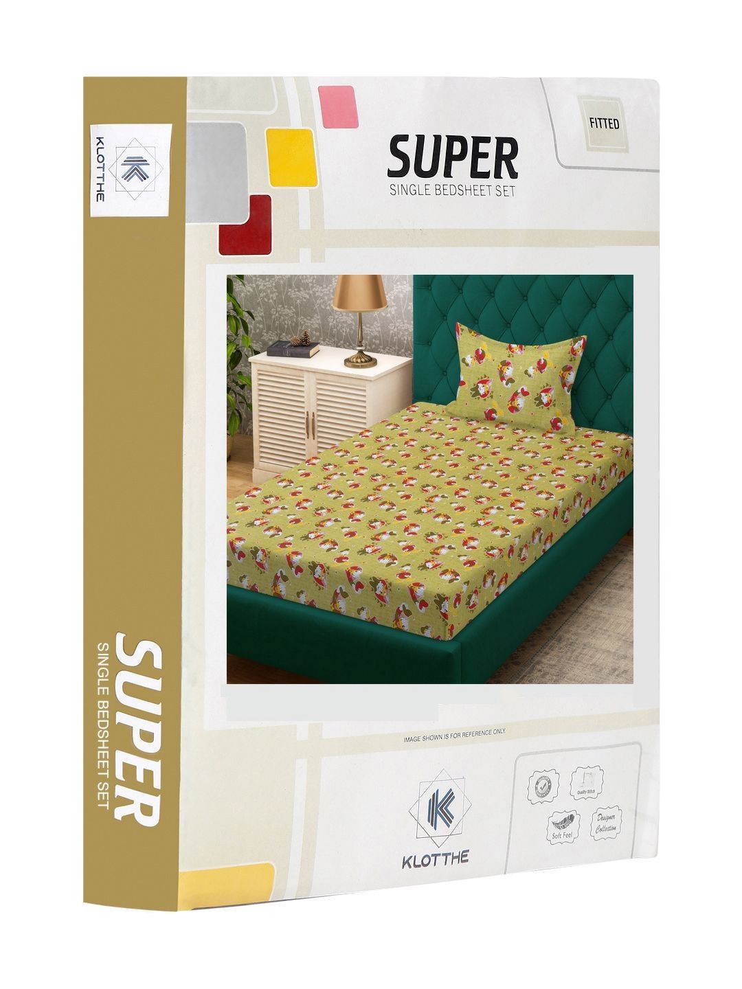 KLOTTHE Kids Green Cartoon Printed Cotton 400TC Fitted Single Bedsheet Set 2.25m x 1.5m