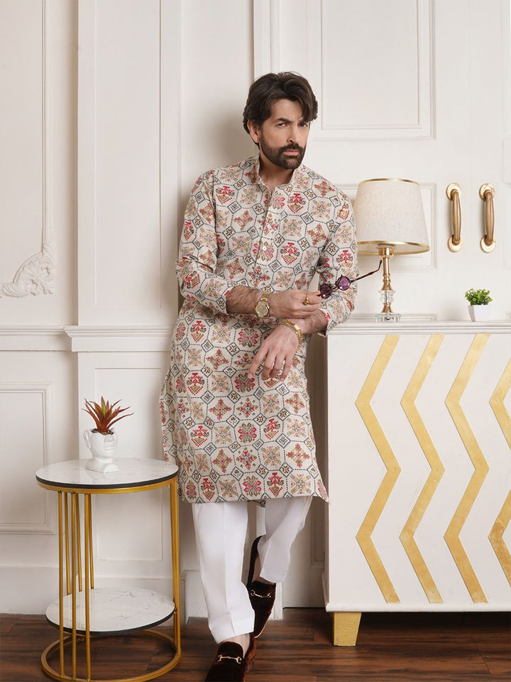 SOJANYA Ethnic Motifs Printed Band Collar Regular Kurta With Churidar