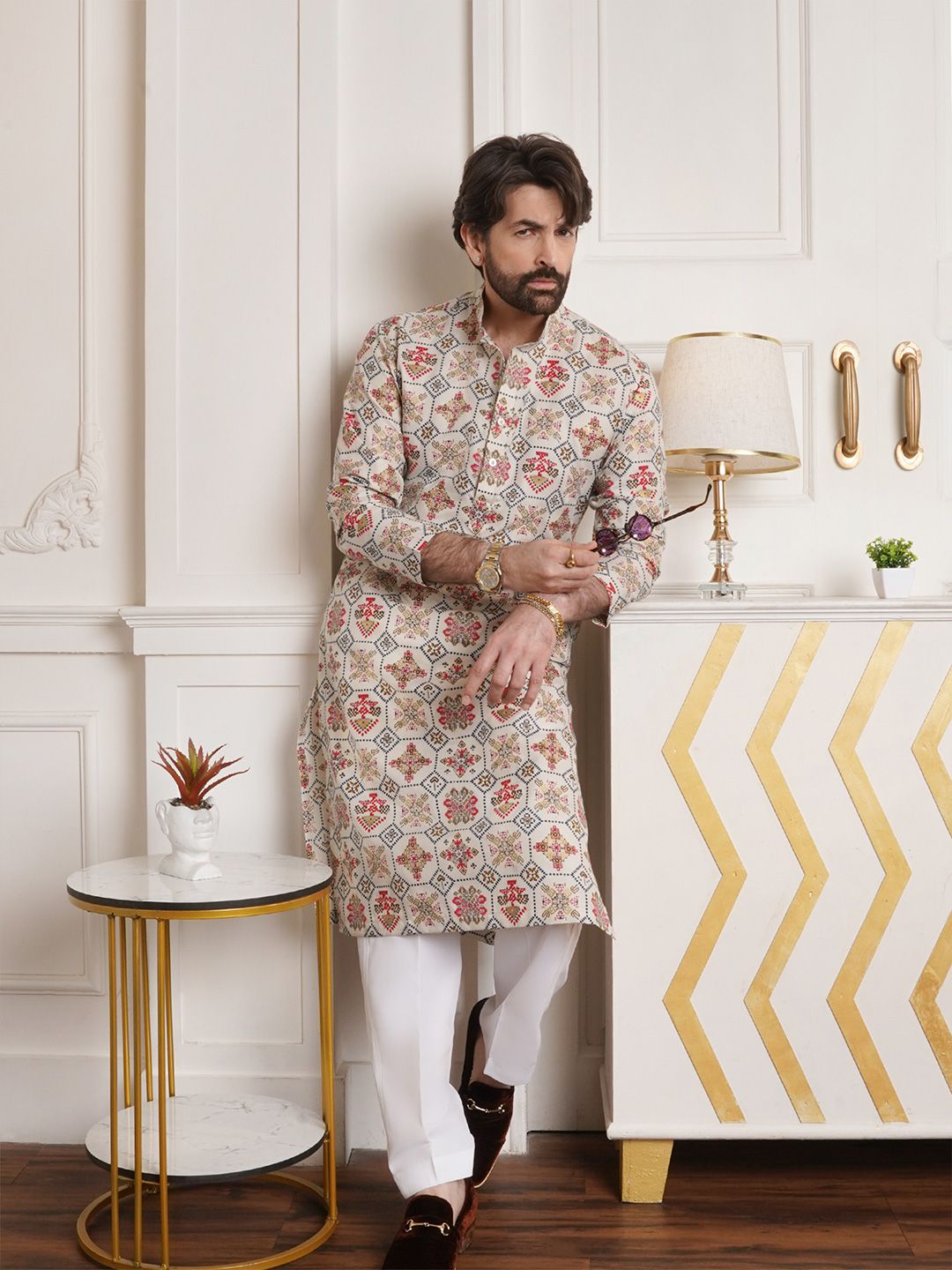 SOJANYA Ethnic Motifs Printed Band Collar Regular Kurta With Churidar