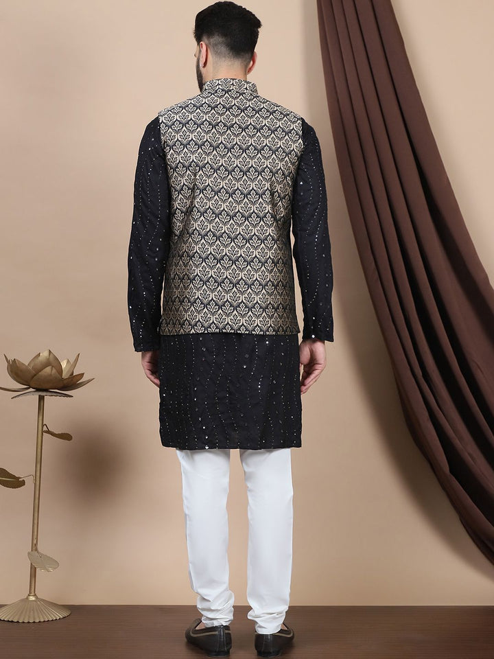 Anouk Leheriya Embroidered Sequinned Cotton Straight Kurta With Churidar & Nehru Jacket