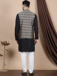 Anouk Leheriya Embroidered Sequinned Cotton Straight Kurta With Churidar & Nehru Jacket
