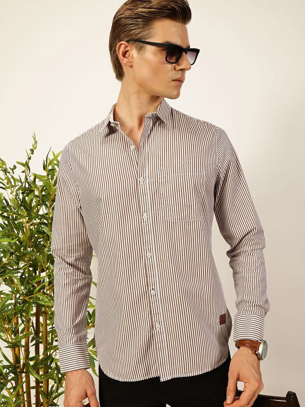 Thomas Scott Men Smart Spread Collar Vertical Striped Cotton Slim Fit Casual Shirt