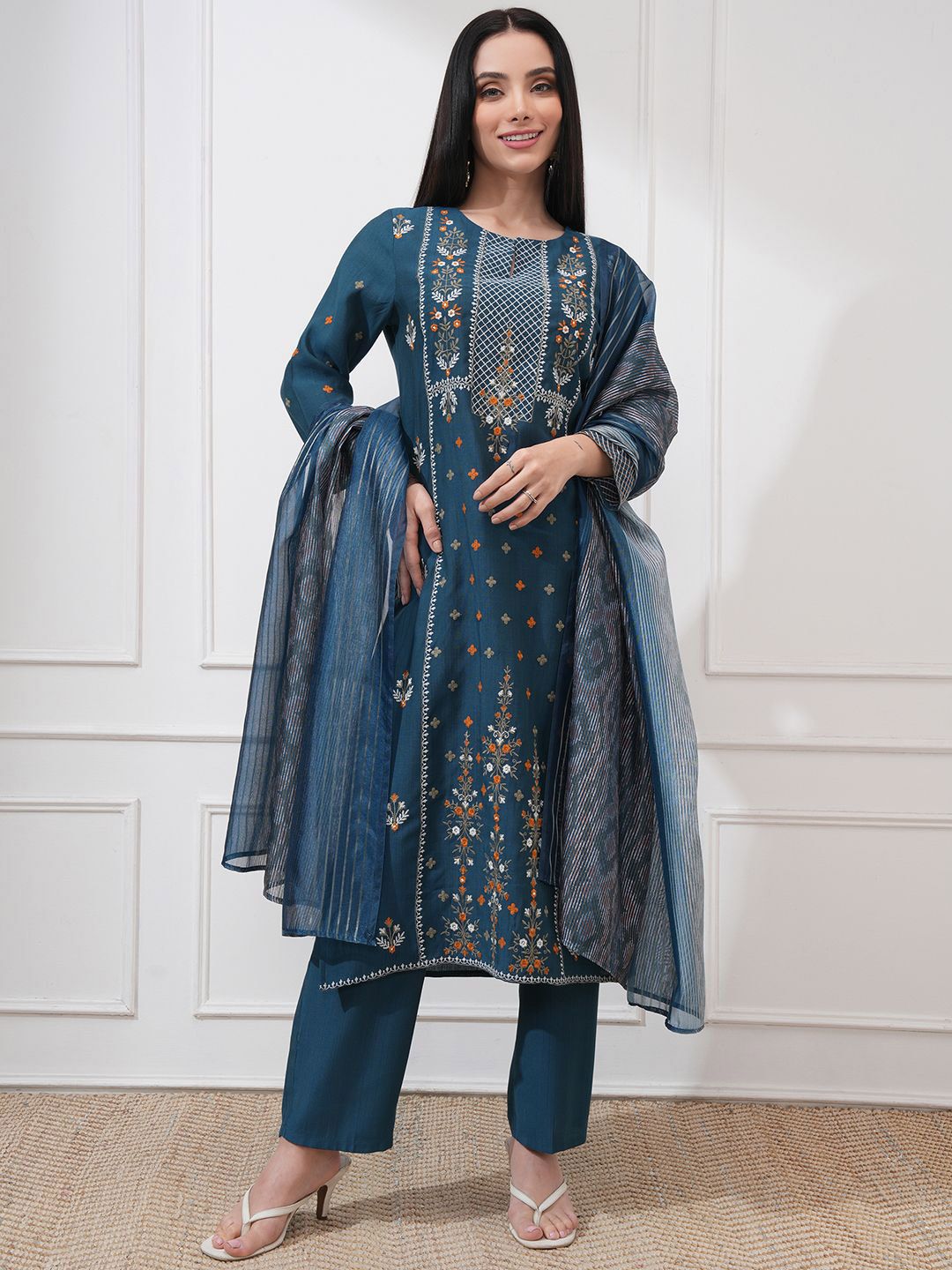 Vishudh Floral Embroidered Thread Work Straight Kurta With Trouser And Dupatta